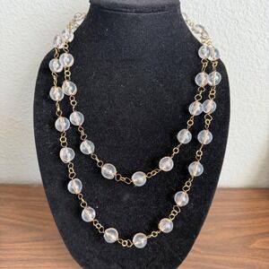 Vintage Clear Plastic Beaded Necklace Double Strand Knotted Statement Gold Tones